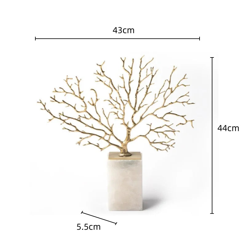 DecorBites™ Coral Tree Sculpture: Gold Metal Decorative Figurine on Marble Base
