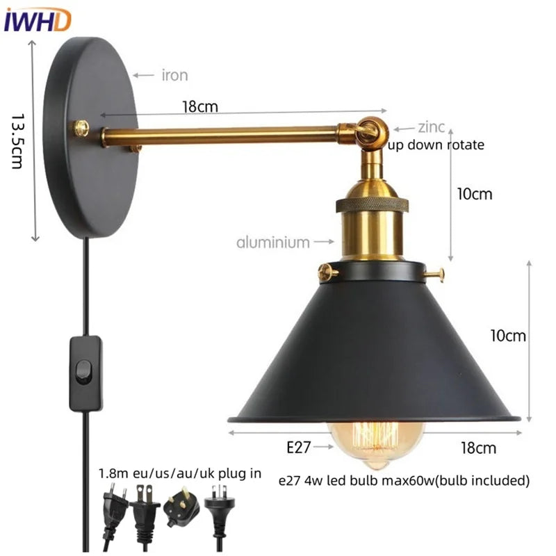 Gold Industrial Wall Lamp For Lofts And Bedrooms