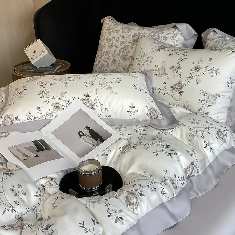 DecorBites™ Eucalyptus Fiber Flowers Bedding Set: Duvet Cover, Bed Sheet, Pillowcase - 4Pcs