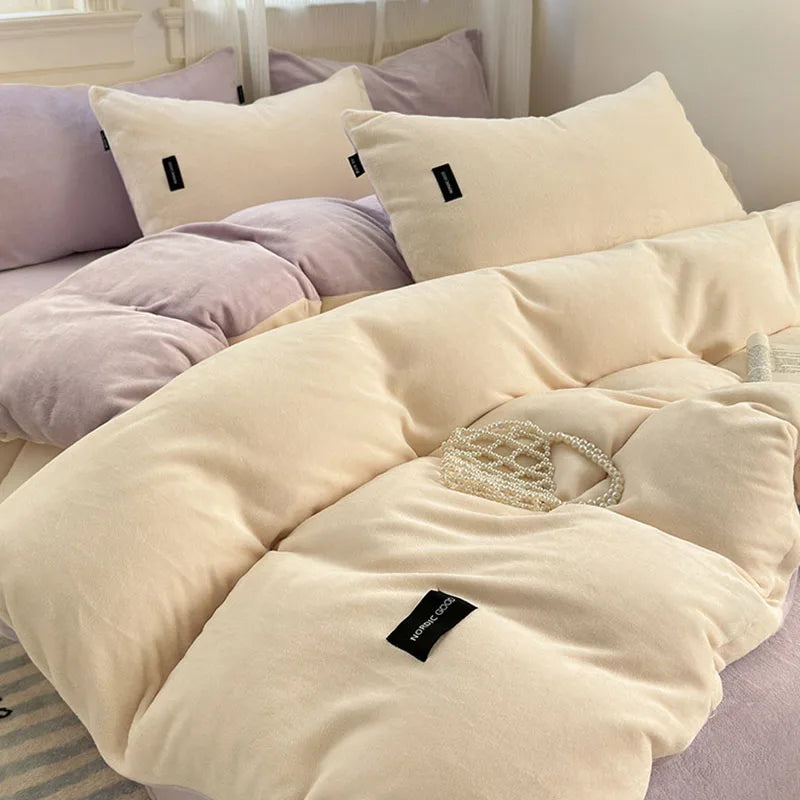 DecorBites™ Coral Color Blocked Velvet Single Duvet Cover for Winter