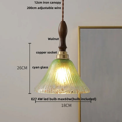 DecorBites™ LED Wood Walnut & Green Glass Pendant Light - Nordic Modern Style