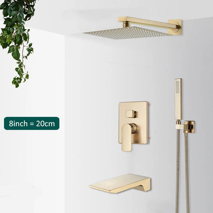 Quyanre Brushed Gold Shower Faucets Set Bathroom Wall Mounted Shower System Embedded Box Shower Mixer Tap Rainfall Shower Faucet