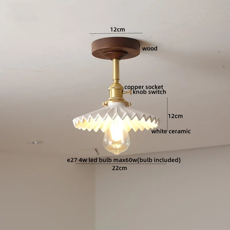 Green Glass Ceiling Lamp Copper Wood Accent