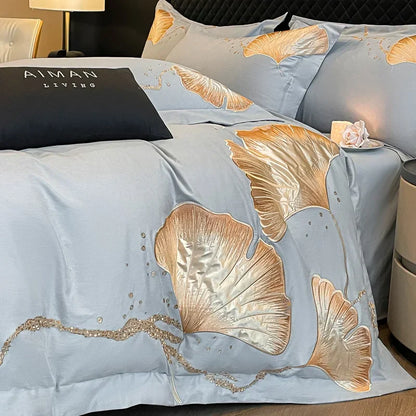 DecorBites™ Gold Ginkgo Leaf Embroidery Bedding Set - 100% Cotton Luxury 4Pcs