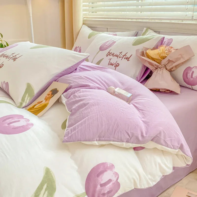 DecorBites™ Double Layer Yarn Cozy Bed Sheet Set - High-Quality Washed Cotton Printed Bedding