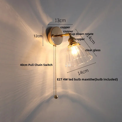 DecorBites™ Glass Base LED Wall Sconce, Pull Chain Switch, Modern Rotate Stair Light