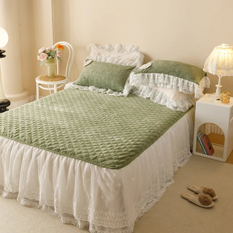 DecorBites™ Luxe Carved Velvet Lace Ruffles Bedding Set with Quilted Bed Skirt