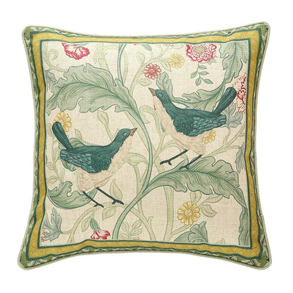 DecorBites™ French Linen Flax Lumbar Pillow Cover Flower Birds Print, Fairy Green