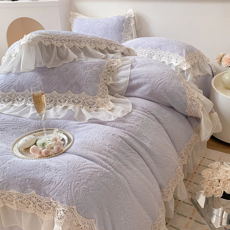 DecorBites™ French Lace Ruffles Velvet Bedding Set, Furry Duvet, Sheet, Pillowcases