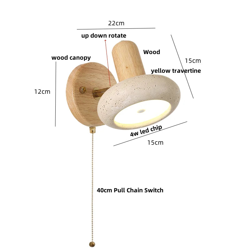 DecorBites™ LED Wall Sconce Iron Rotate Kitchen Bedroom Hallway Yellow Travertine Wood Mirror Light
