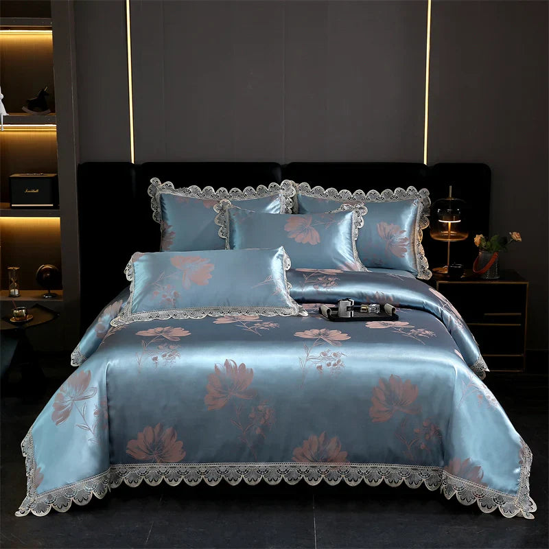 DecorBites™ Golden Jacquard Cotton Lace Bedding Set - Silky Soft Duvet Cover, Flat Sheet, Pillowcase