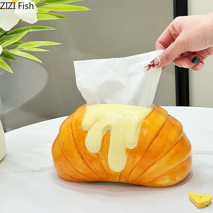 DecorBites™ Croissant Ceramic Tissue Box: Charming Table Decoration for Coffee Table and Bedside