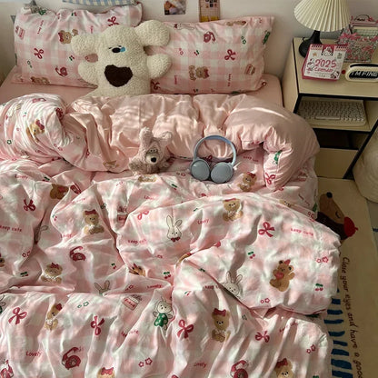 DecorBites™ Cute Cartoon Washed Cotton 4-Piece Bedding Set for Spring Soft Skin-Friendly Sheets
