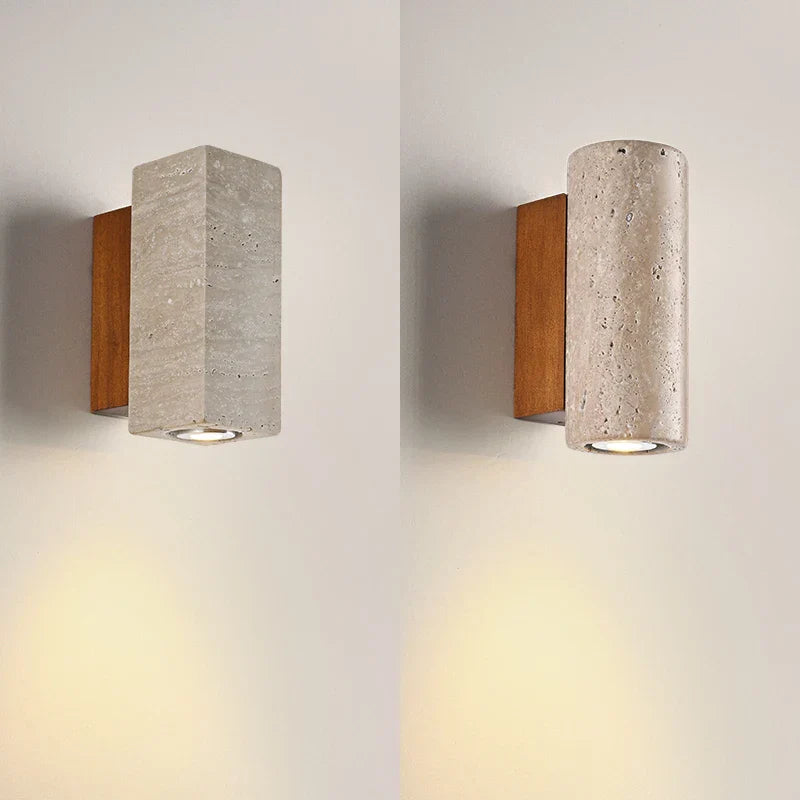 DecorBites™ LED Wall Sconce Yellow Travertine Stone Bedroom Study Cafe Wood Base Stair Light