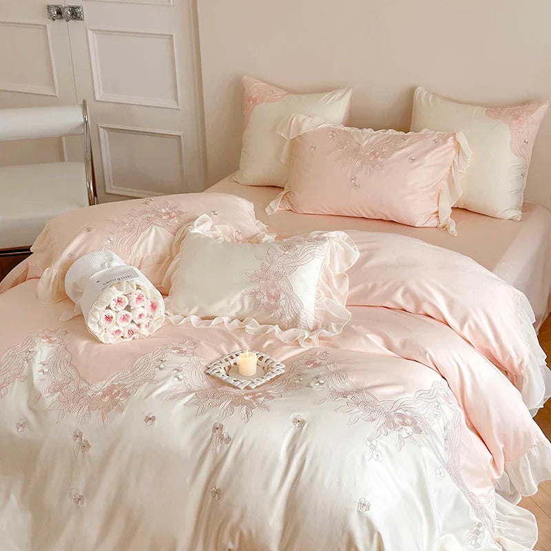 DecorBites™ French Romantic Lace Ruffles Flowers Embroidery Bedding Set in Pink & Blue Cotton