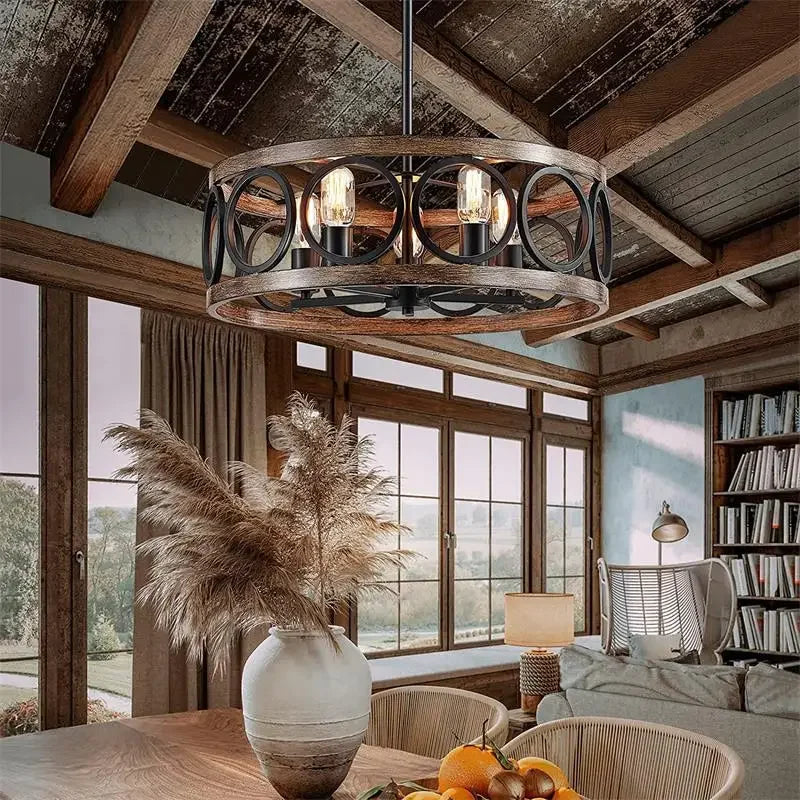 DecorBites™ Industrial Farmhouse Circular Chandelier Retro Iron Art Wood Grain Ceiling Light