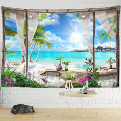 DecorBites™ Coconut Forest Sea View Tapestry Wall Hanging - Aesthetic Home Decor