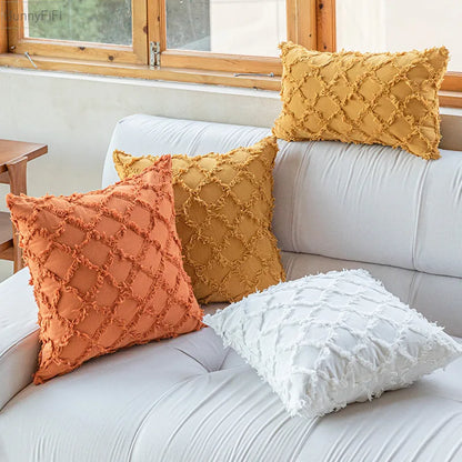 DecorBites™ Cotton Diamond Cushion Cover in Mustard Orange Beige for Living Room Sofa Bed