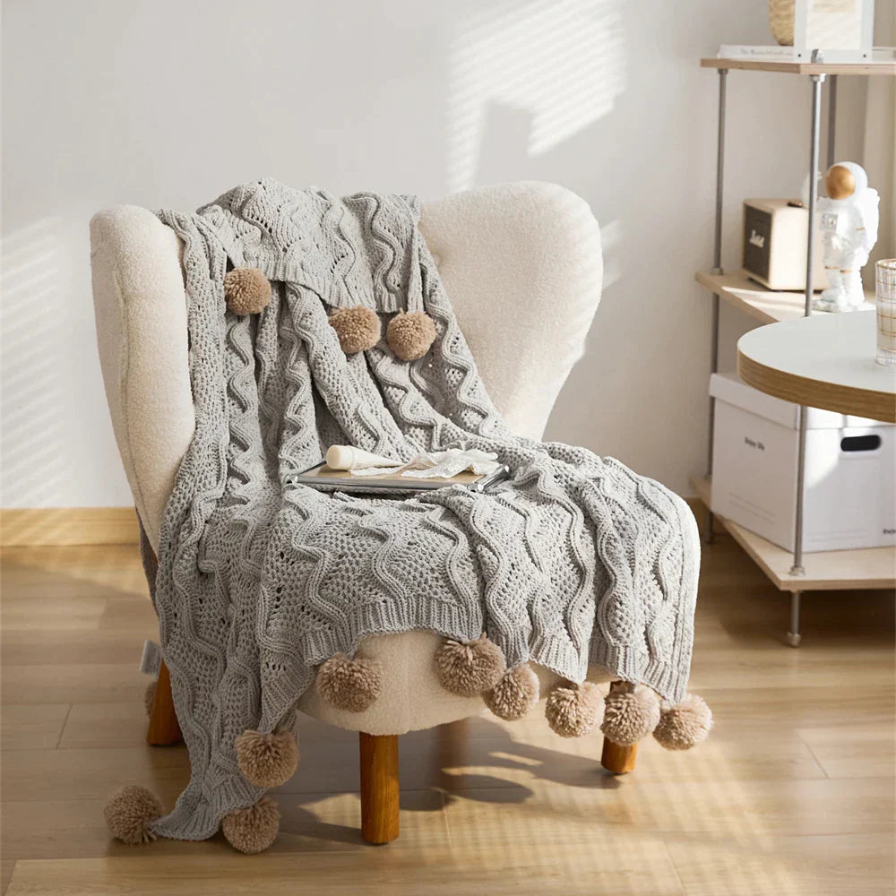 DecorBites™ Elegant Chenille Pompons Throw Blanket