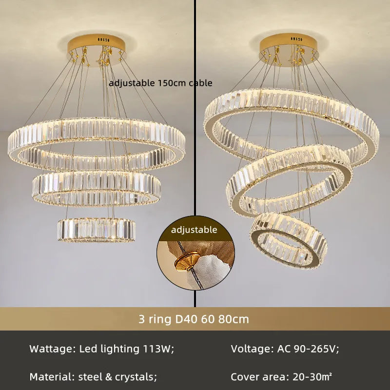 DecorBites™ Crystal Circle LED Chandelier: Nordic Modern Stairs Pendant Lighting with Dimmable LED for Living Room