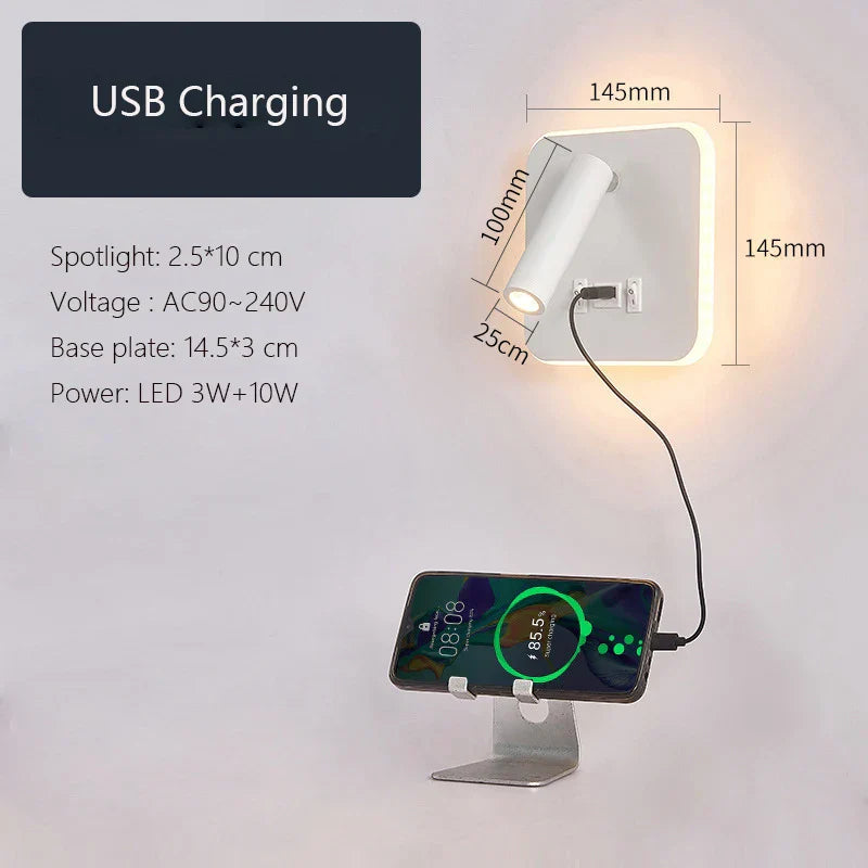 DecorBites™ LED Wall Lamp USB Charging Bedroom Hotel Bedside Reading Sconce Switch