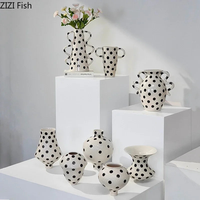 DecorBites™ Black Polka Dot Ceramic Vase for Table Flower Arrangement and Room Decor