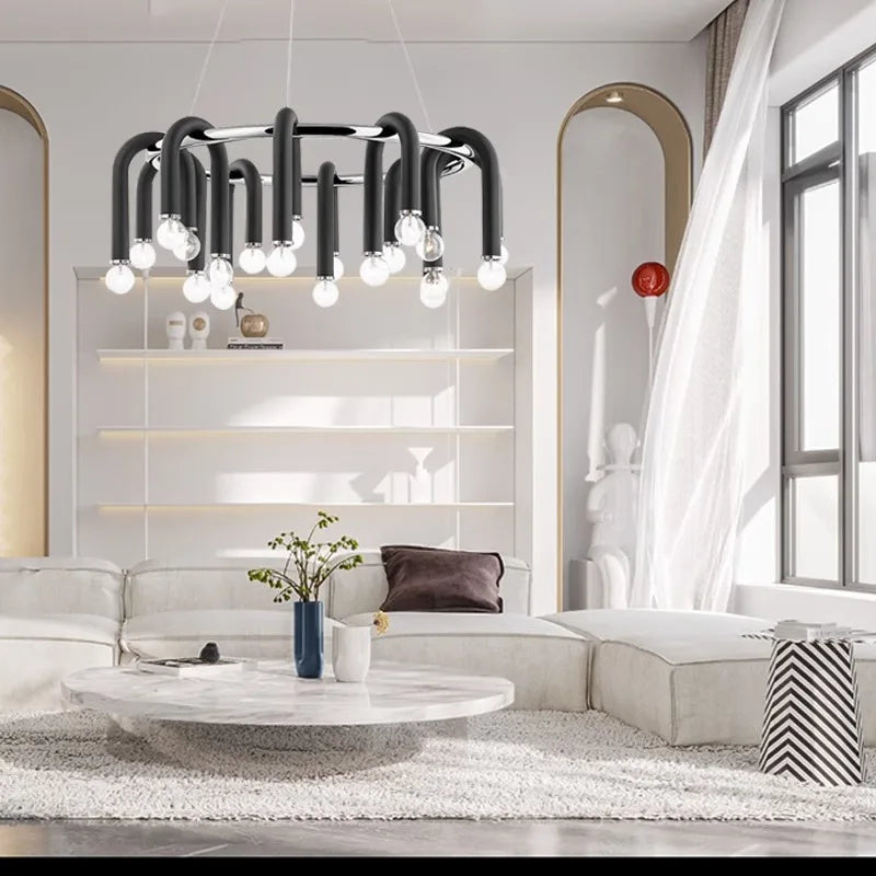 DecorBites™ Black Aluminum U-Shaped Tube Dimmable LED Chandelier for High Ceilings