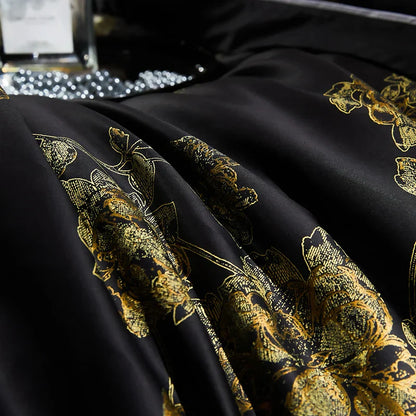 DecorBites™ Gold Flowers Luxury Egyptian Cotton Bedding Set with 1000TC Soft Duvet Cover, Sheets, Pillowcases