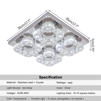 DecorBites™ Crystal LED Ceiling Light: Modern Square K9 Chandeliers, Dimmable Stainless Steel Fixture.