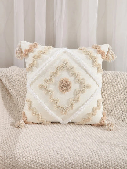 DecorBites™ Geometric Tufted Embroidery Flowers Boho Cushion Cover with Tassel
