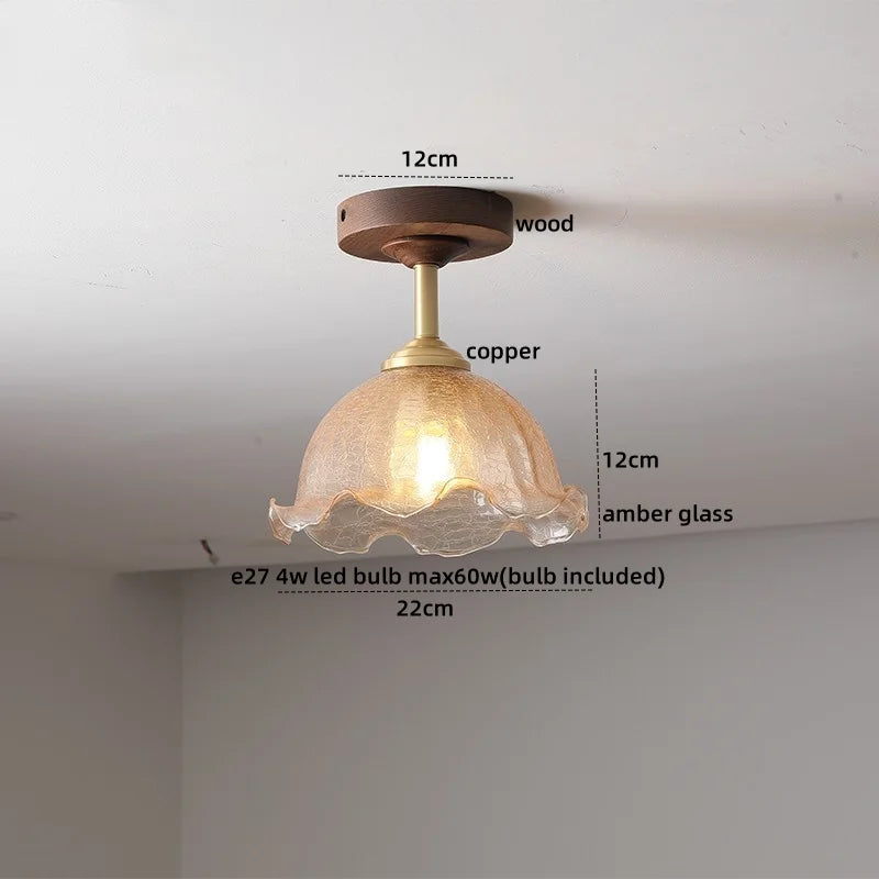 Green Glass Ceiling Lamp Copper Wood Accent