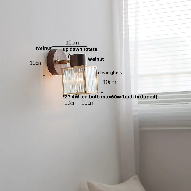 DecorBites™ Clear Glass LED Wall Sconce Walnut Wood Bedroom Living Room Modern Fixture