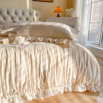 DecorBites™ French Princess Cotton Bedding Set with Flower Embroidery and Ruffle Edge
