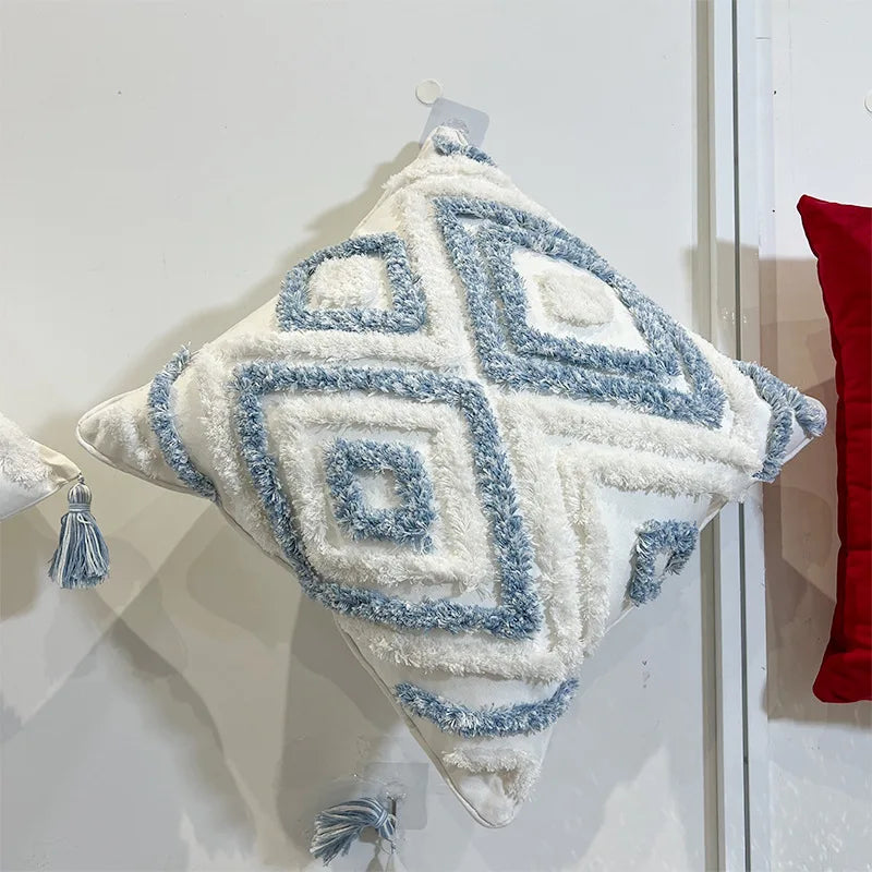 DecorBites™ Geometric Diamond Tufted Embroidery Pillowcases - Blue & White Fringed, 45x45/30x50cm
