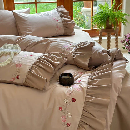 DecorBites™ Korean Princess Style Embroidered Bedding Set with Pleated Ruffles in Egyptian Cotton