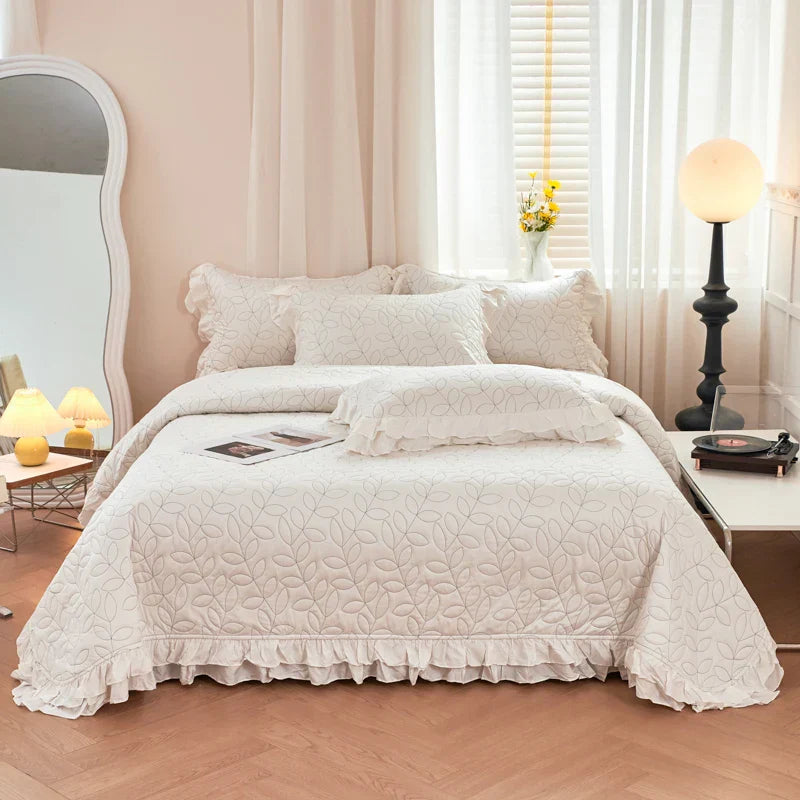 DecorBites™ Leaf Embroidery Double Layer Lace Ruffles Quilt Set with Bedspread & Pillowcases