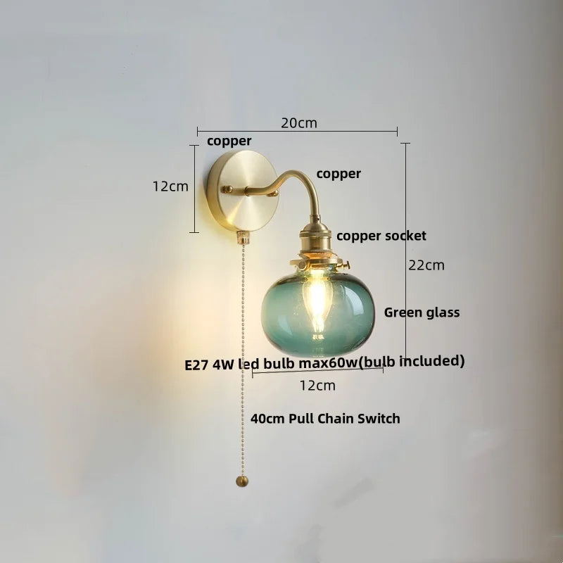 Green Glass Wall Sconce Copper Socket Pull Chain