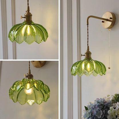 DecorBites™ Green Glass LED Wall Lights Fixture with Pull Chain Switch