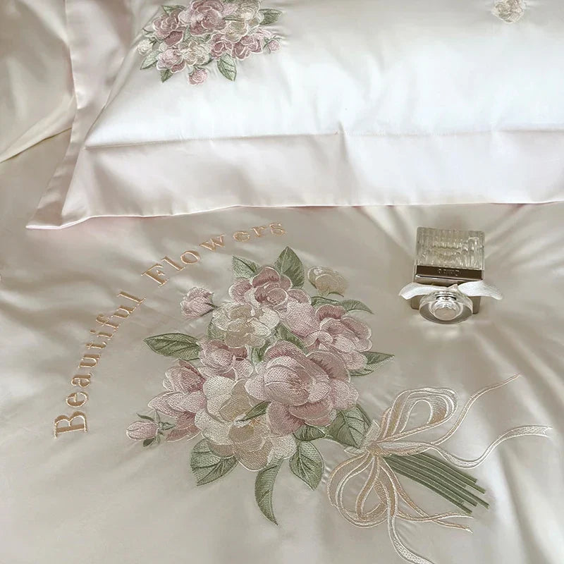 DecorBites™ Flowers Embroidery Lace Princess Bedding Set 1000TC Egyptian Cotton Duvet Cover Set