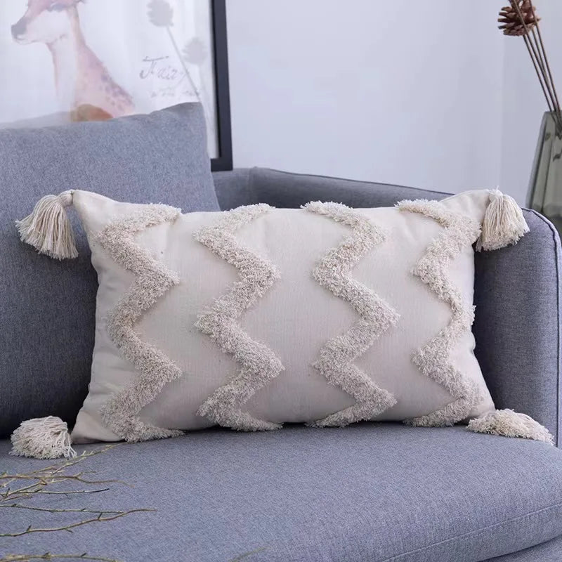 DecorBites™ Geometric Tufted Tassel Pillow Cover - Handcrafted Boho Chic Cushion Cover