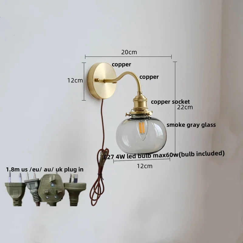 Green Glass Wall Sconce Copper Socket Pull Chain
