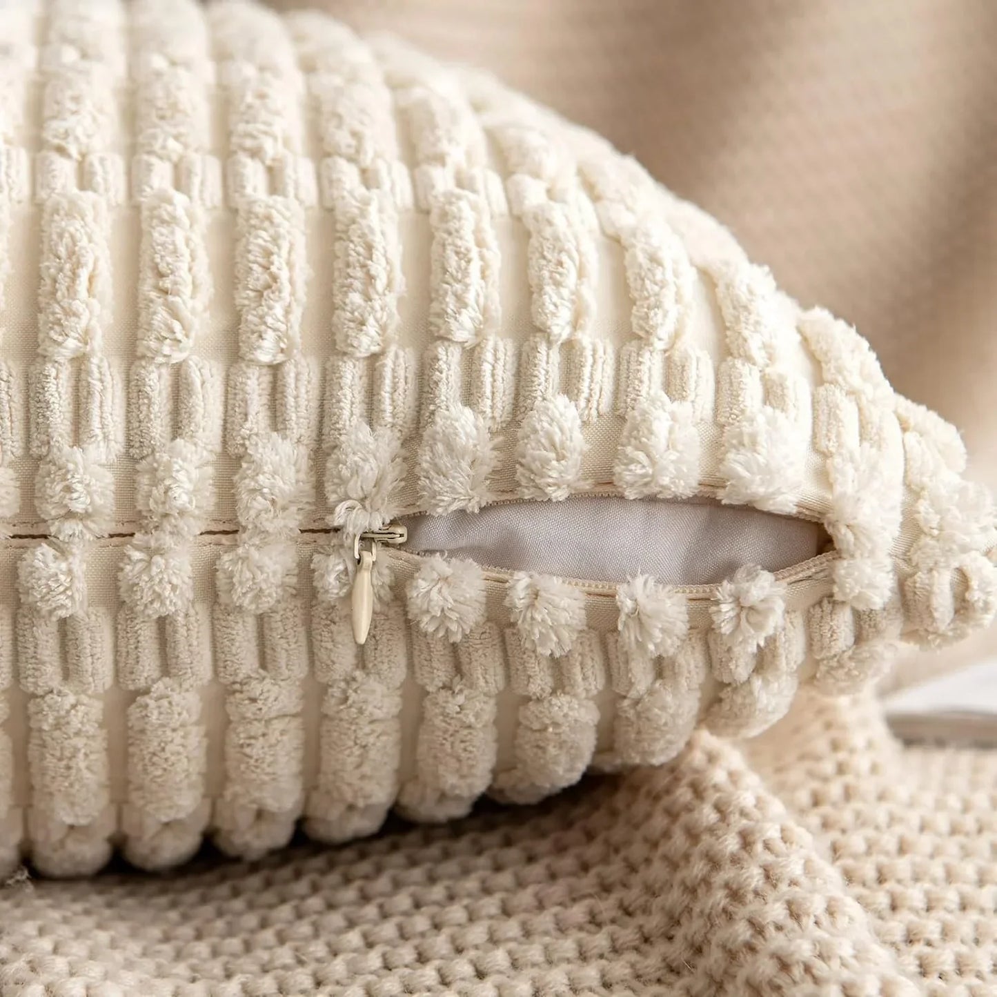 DecorBites™ Corduroy Striped Throw Pillow Covers | Soft White Decorative Square Cushion Case