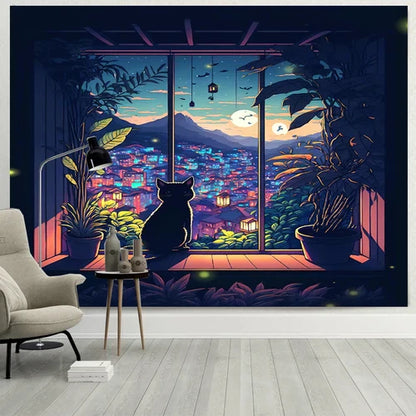 DecorBites™ Dreamy Window Cat Tapestry Landscape Wall Cloth for Bedroom & Living Room