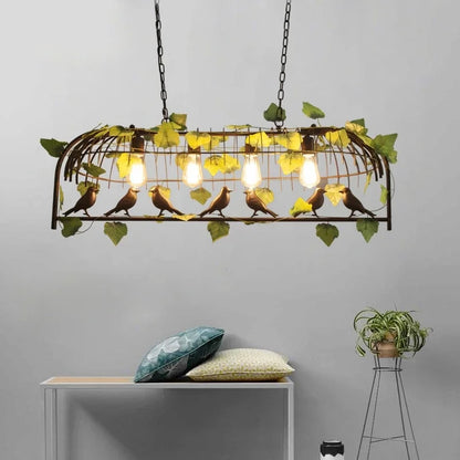 DecorBites™ Iron Bird Cage Chandelier with Green Leaf Decoration and LED Lamps