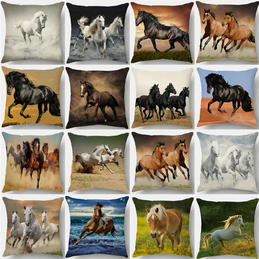 DecorBites™ Galloping Horse Pillowcase: Wild Horse Print Linen Cushion Cover for Home Decoration