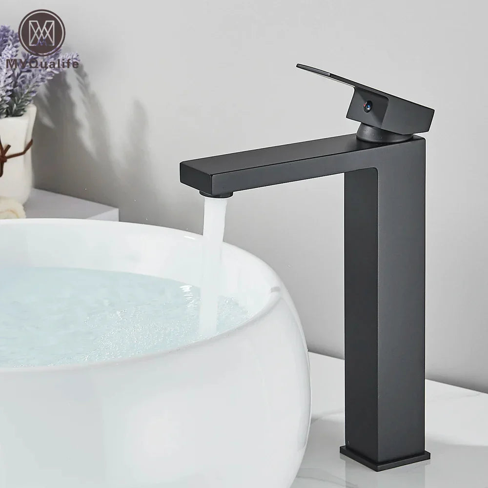 DecorBites™ Black Brass Square Basin Faucet: Bathroom Washbasin Mixer Tap, Single Handle Tall Model.