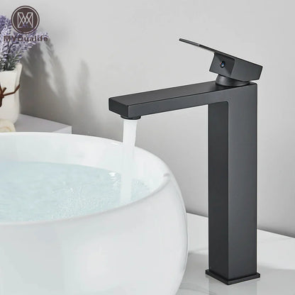 DecorBites™ Black Brass Square Basin Faucet: Bathroom Washbasin Mixer Tap, Single Handle Tall Model.