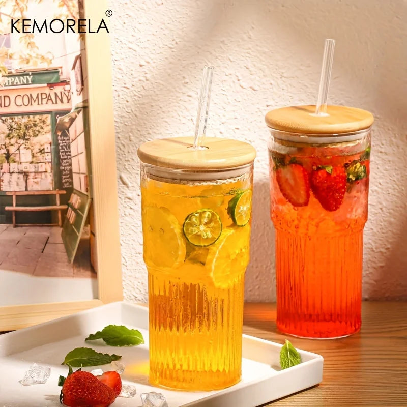 DecorBites™ 500ml Ribbed Glass Cup with Lid and Straw | Stylish Drinking Glass for Any Occasion