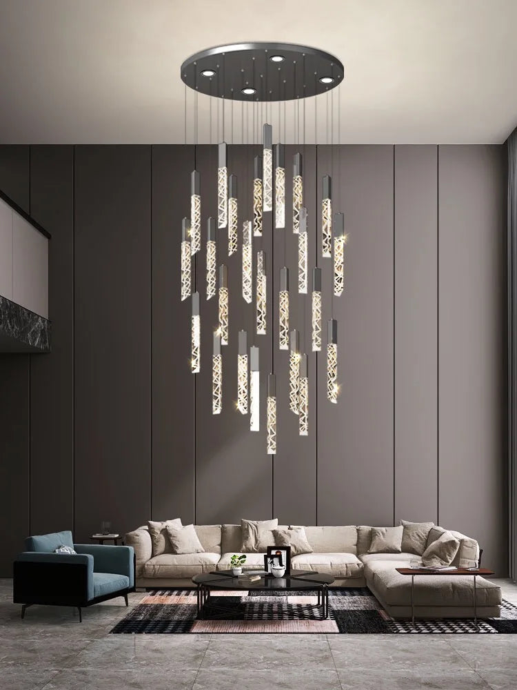 DecorBites™ Crystal Column LED Chandelier: Luxury Pendant Lamp for Staircase, Modern Home Decor Lighting