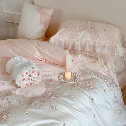 DecorBites™ French Romantic Lace Ruffles Flowers Embroidery Bedding Set in Pink & Blue Cotton